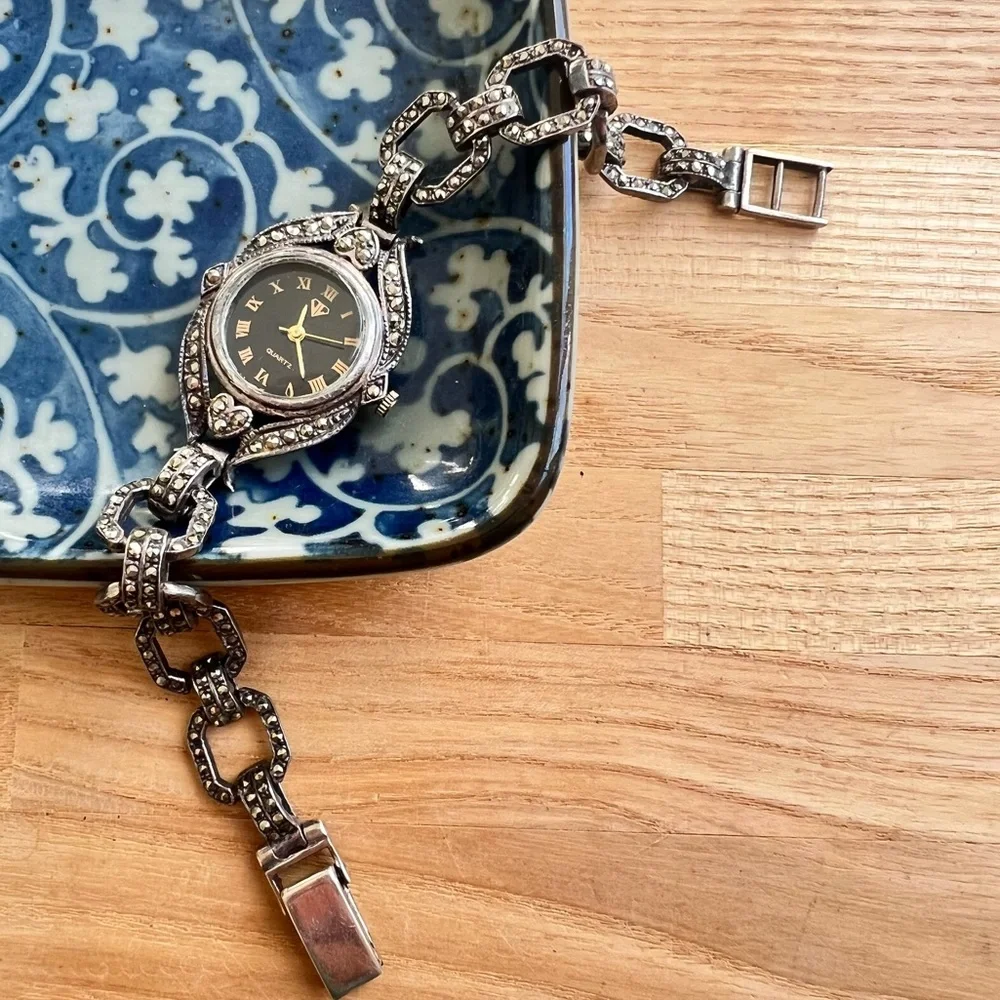 Vintage Sterling silver marcasite Art Deco ladies cocktail watch NEW BATTERY